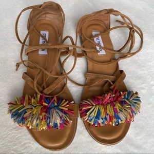 Steve Madden ankle tie sandals, tassels fringe